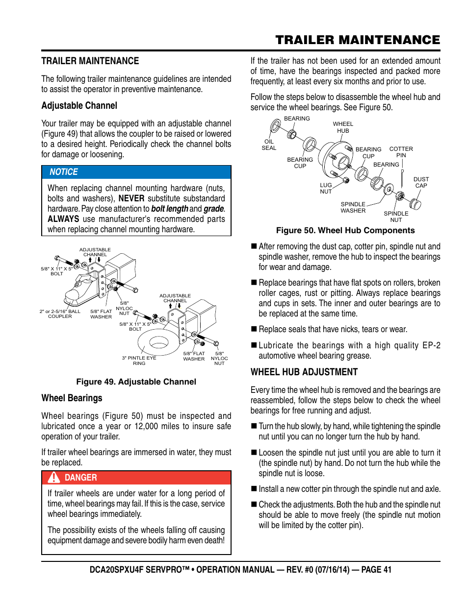 Trailer maintenance, Adjustable channel, Wheel bearings | Wheel hub adjustment | Multiquip DCA20SPXU4F User Manual | Page 41 / 104