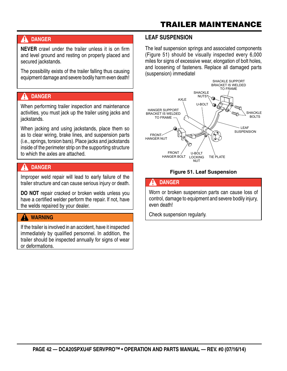 Trailer maintenance, Leaf suspension | Multiquip DCA20SPXU4F User Manual | Page 42 / 104