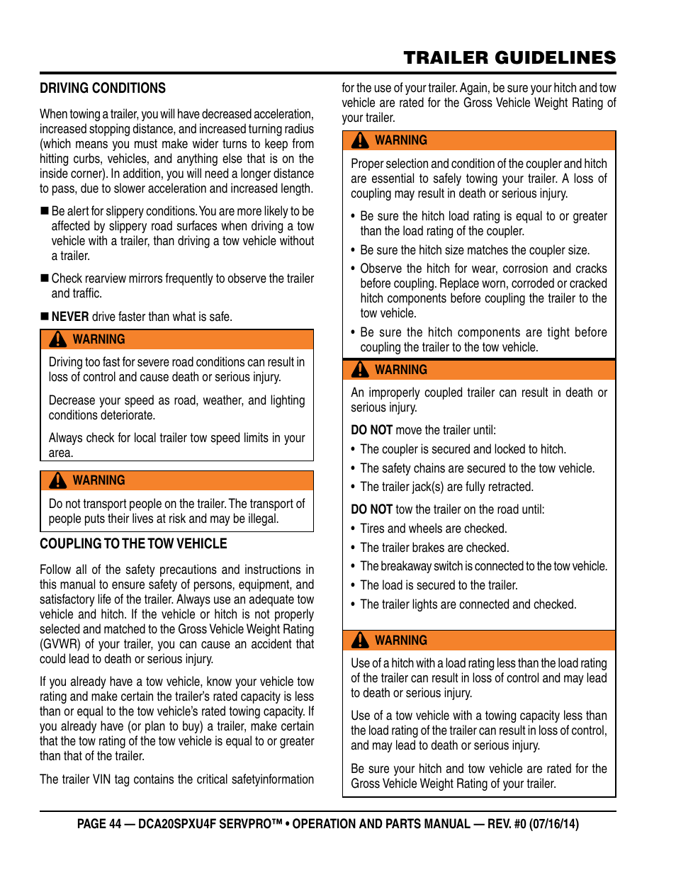 Trailer guidelines | Multiquip DCA20SPXU4F User Manual | Page 44 / 104