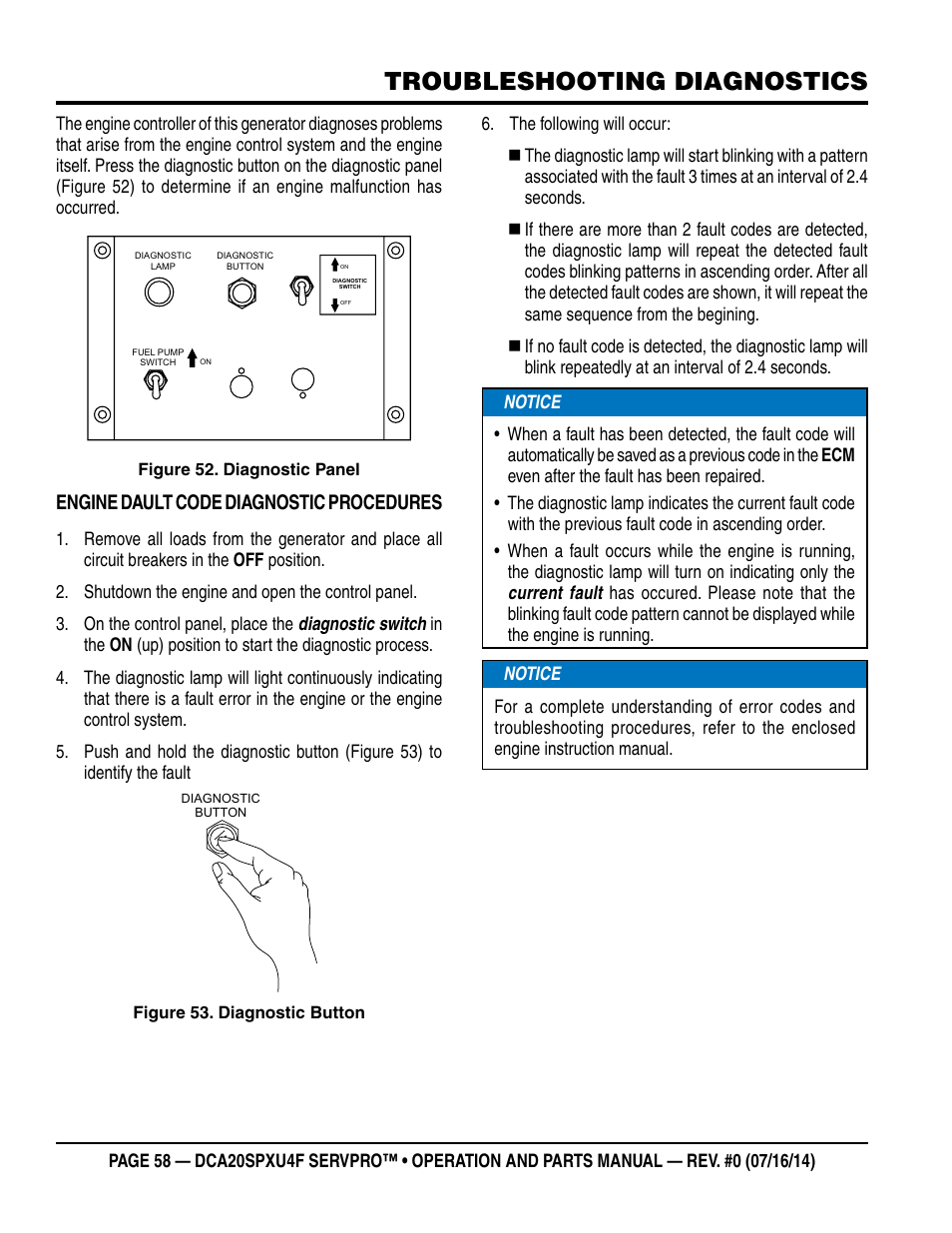Troubleshooting diagnostics, Engine dault code diagnostic procedures | Multiquip DCA20SPXU4F User Manual | Page 58 / 104