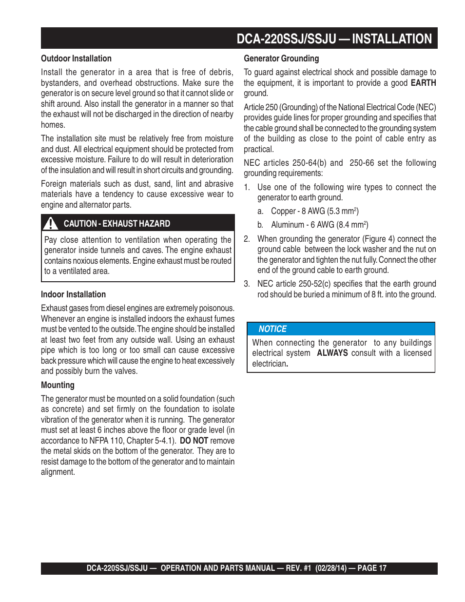Dca-220ssj/ssju — installation | Multiquip DCA220SSJ_SSJU User Manual | Page 17 / 114