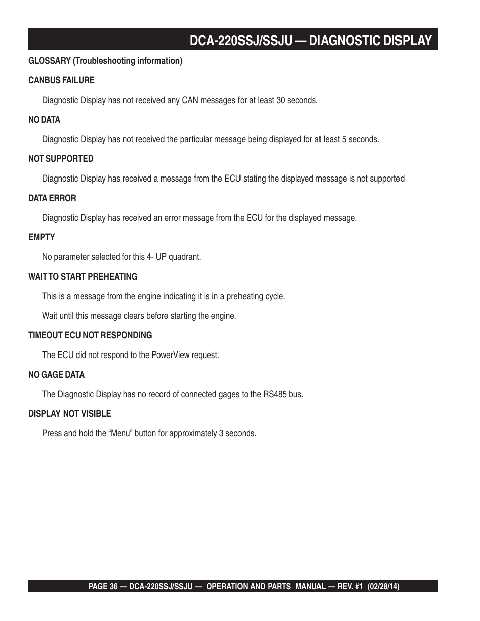 Dca-220ssj/ssju — diagnostic display | Multiquip DCA220SSJ_SSJU User Manual | Page 36 / 114