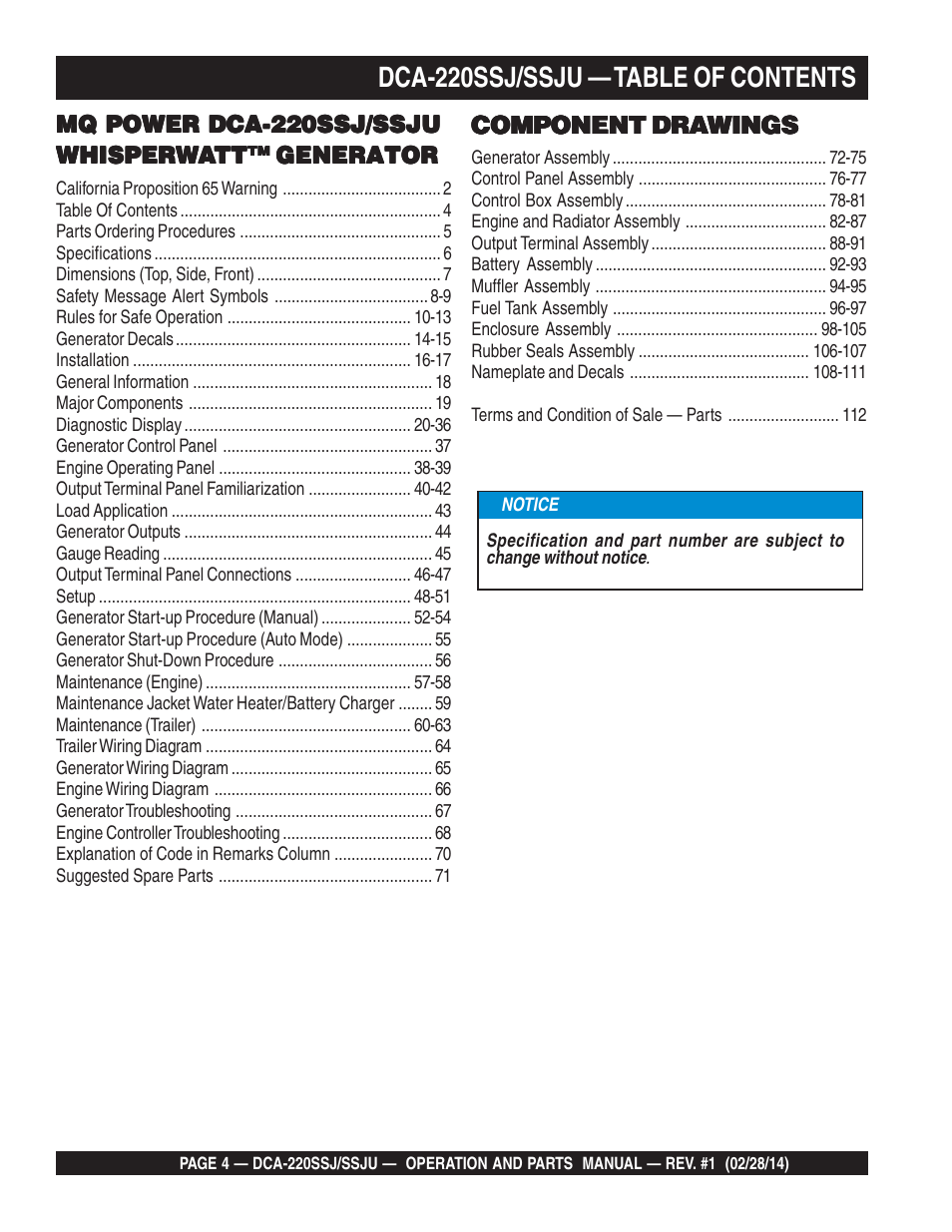 Dca-220ssj/ssju — table of contents | Multiquip DCA220SSJ_SSJU User Manual | Page 4 / 114