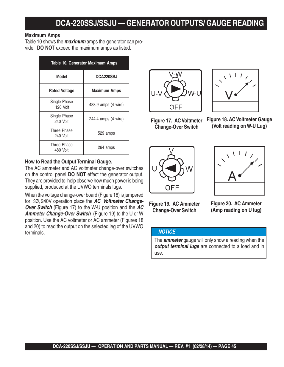 Dca-220ssj/ssju — generator outputs/ gauge reading | Multiquip DCA220SSJ_SSJU User Manual | Page 45 / 114