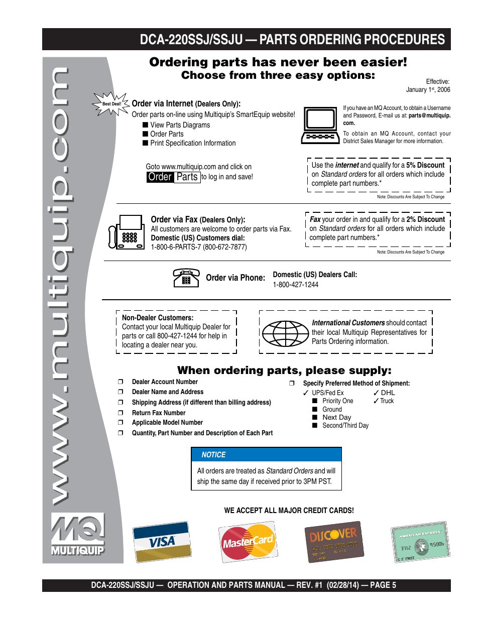 1dca-220ssj/ssju — parts ordering procedures, Ordering parts has never been easier, Choose from three easy options | When ordering parts, please supply, Order parts | Multiquip DCA220SSJ_SSJU User Manual | Page 5 / 114