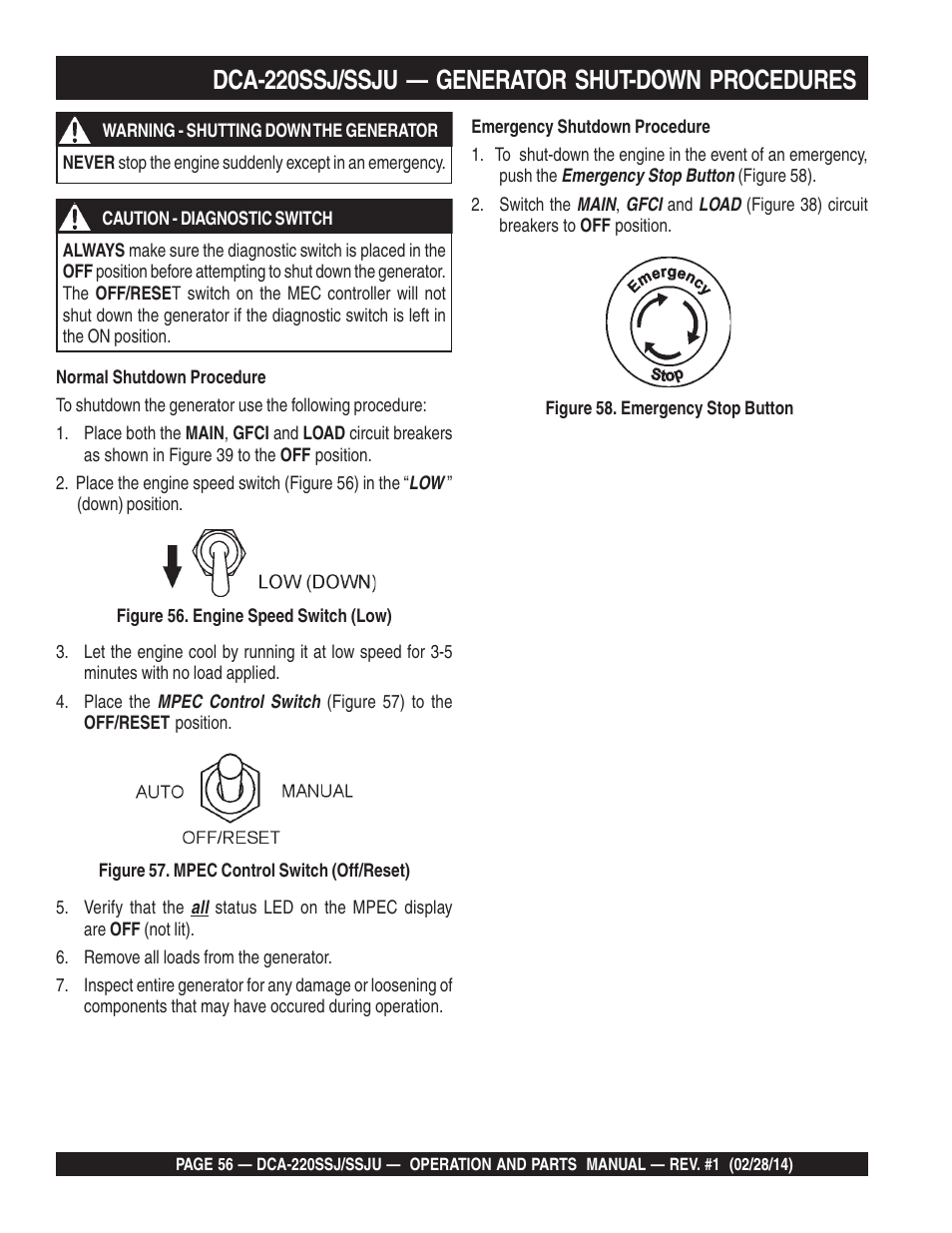 Dca-220ssj/ssju — generator shut-down procedures | Multiquip DCA220SSJ_SSJU User Manual | Page 56 / 114