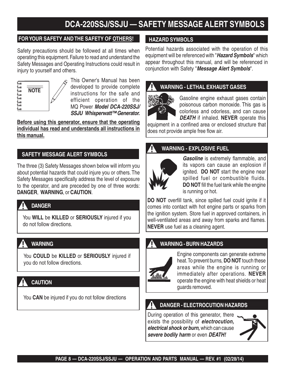 Dca-220ssj/ssju — safety message alert symbols | Multiquip DCA220SSJ_SSJU User Manual | Page 8 / 114