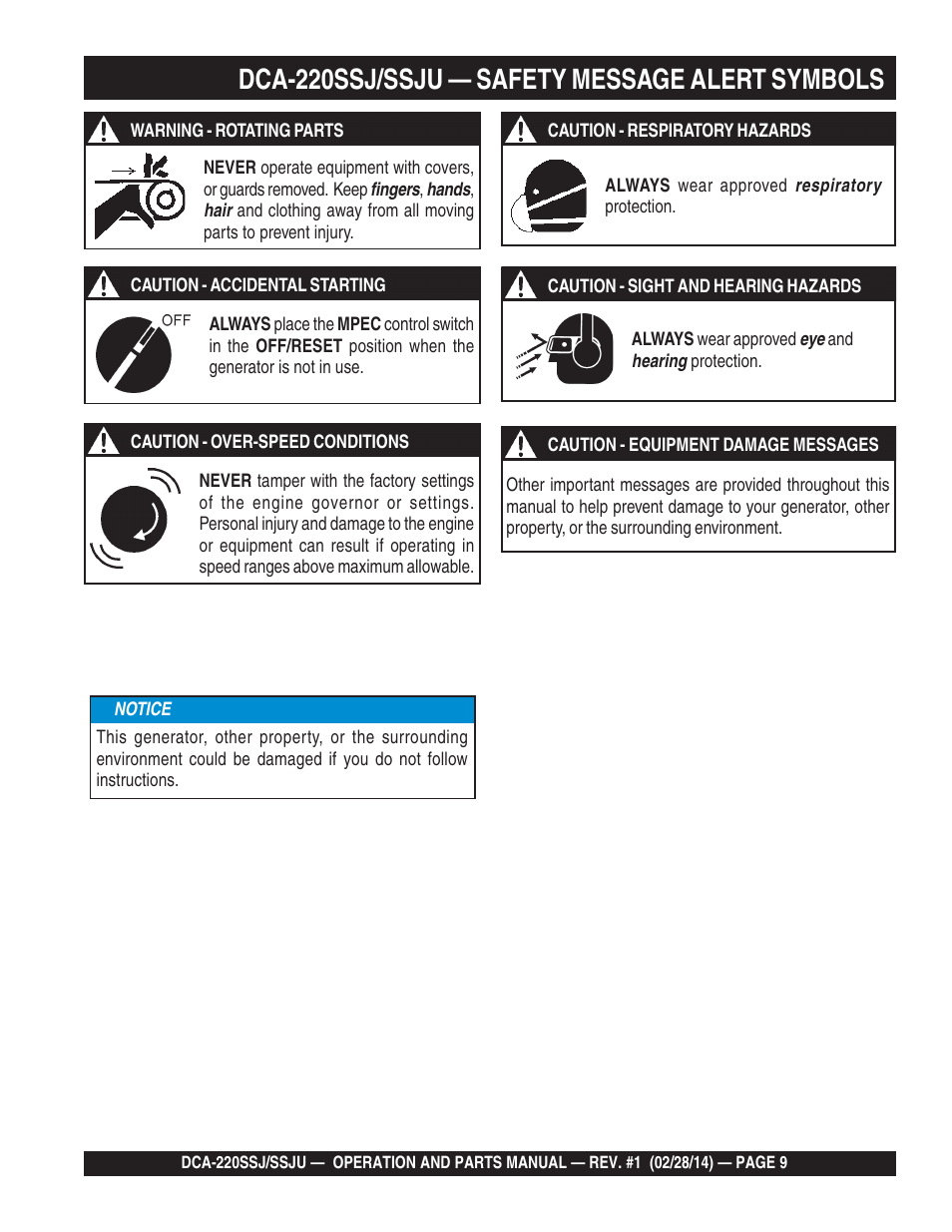 1dca-220ssj/ssju — safety message alert symbols | Multiquip DCA220SSJ_SSJU User Manual | Page 9 / 114