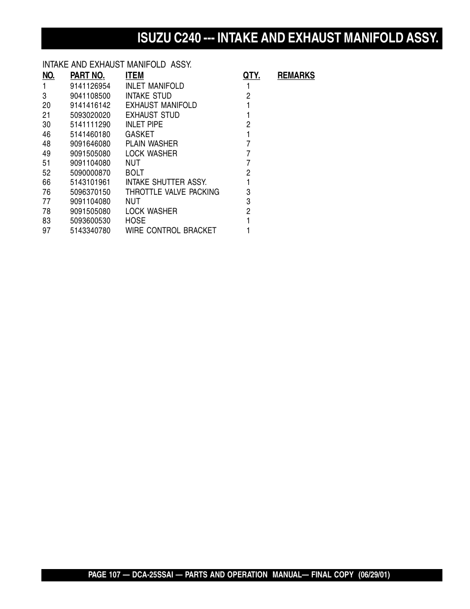 Isuzu c240 --- intake and exhaust manifold assy | Multiquip DCA25SSAI User Manual | Page 107 / 142