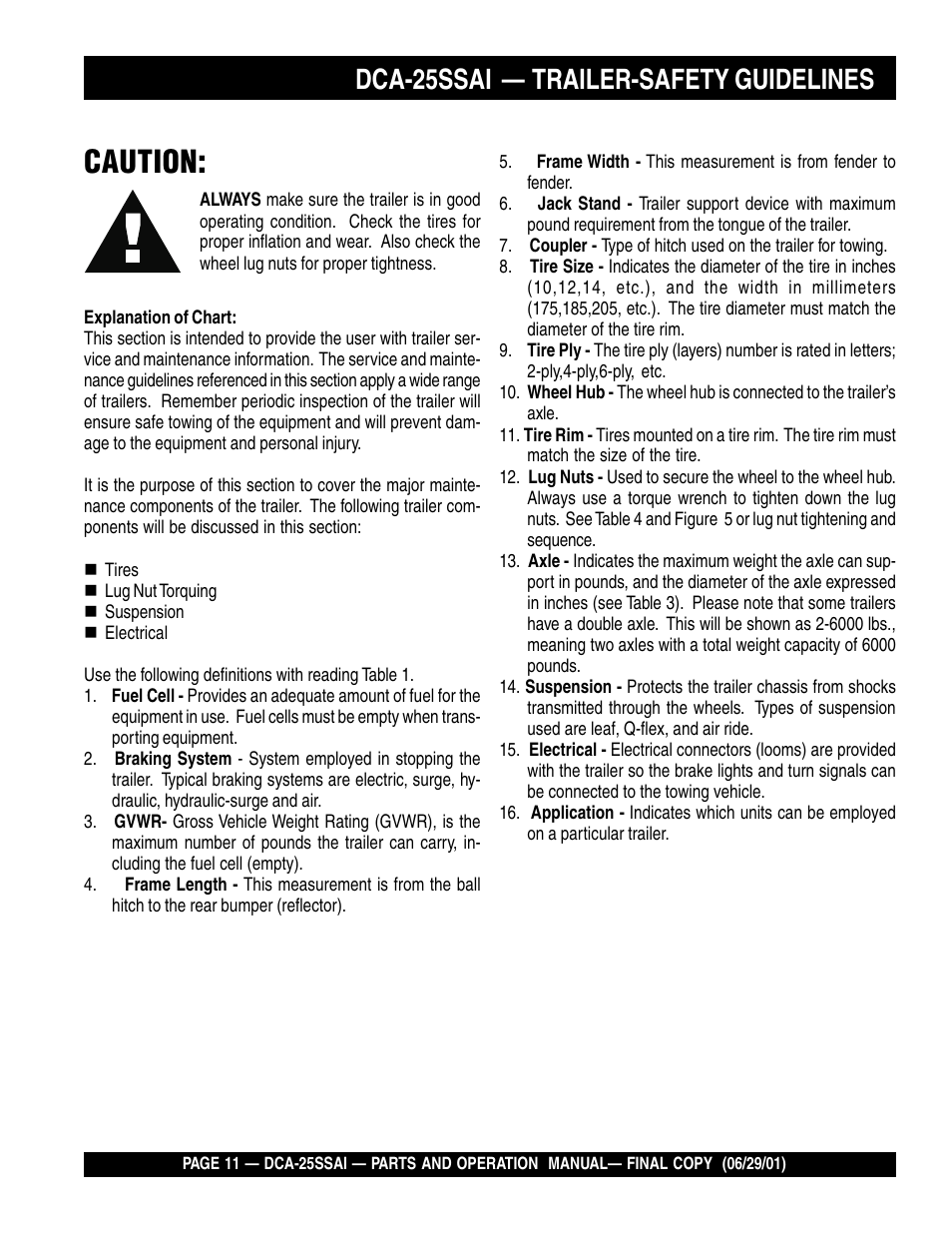 Caution, Dca-25ssai — trailer-safety guidelines | Multiquip DCA25SSAI User Manual | Page 11 / 142