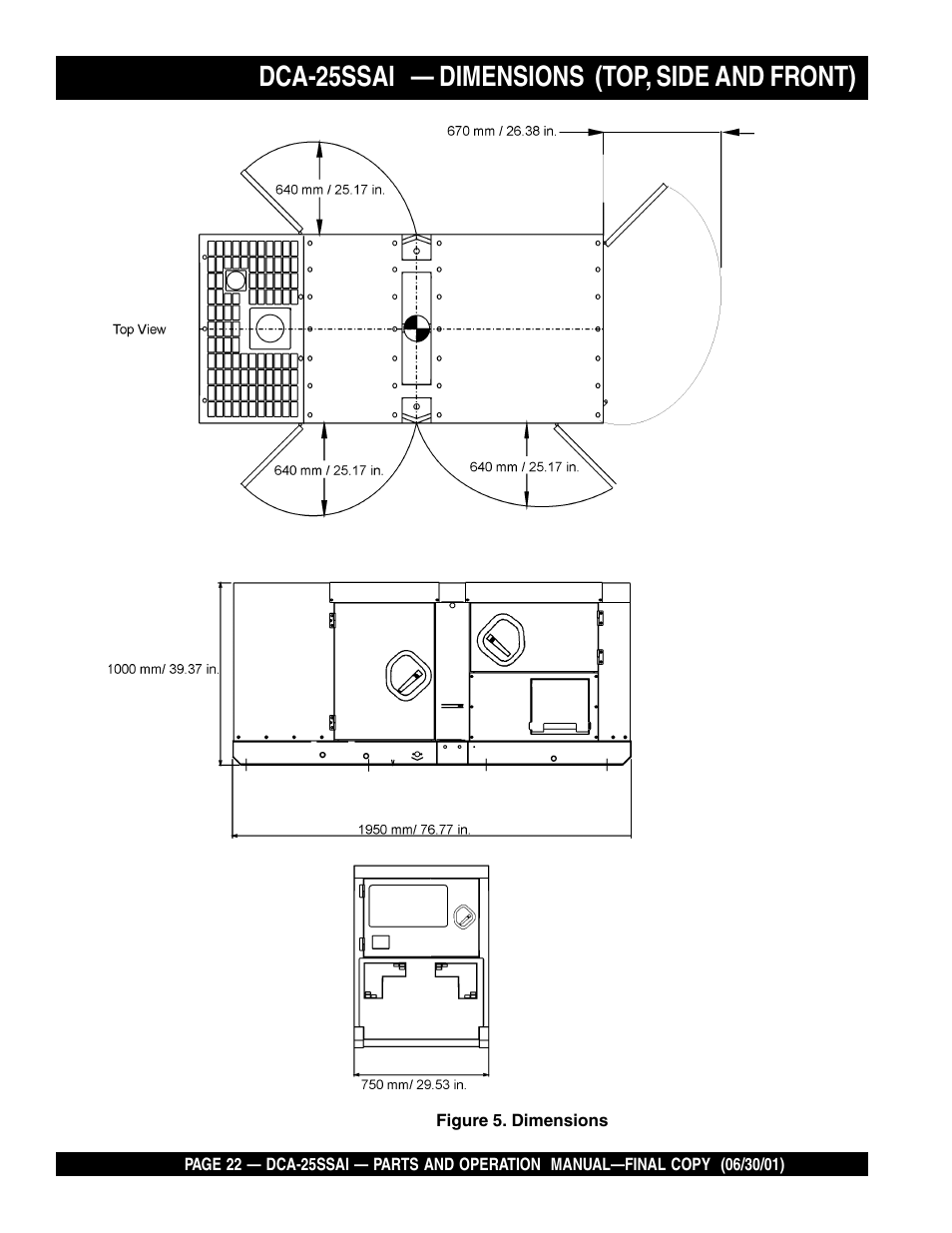 Dca-25ssai — dimensions (top, side and front) | Multiquip DCA25SSAI User Manual | Page 22 / 142