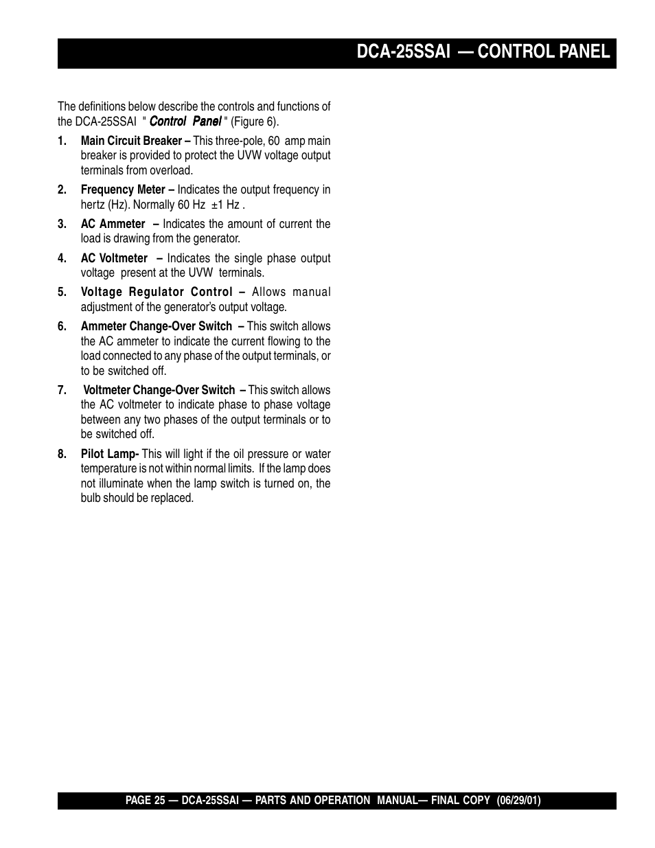 Dca-25ssai — control panel | Multiquip DCA25SSAI User Manual | Page 25 / 142