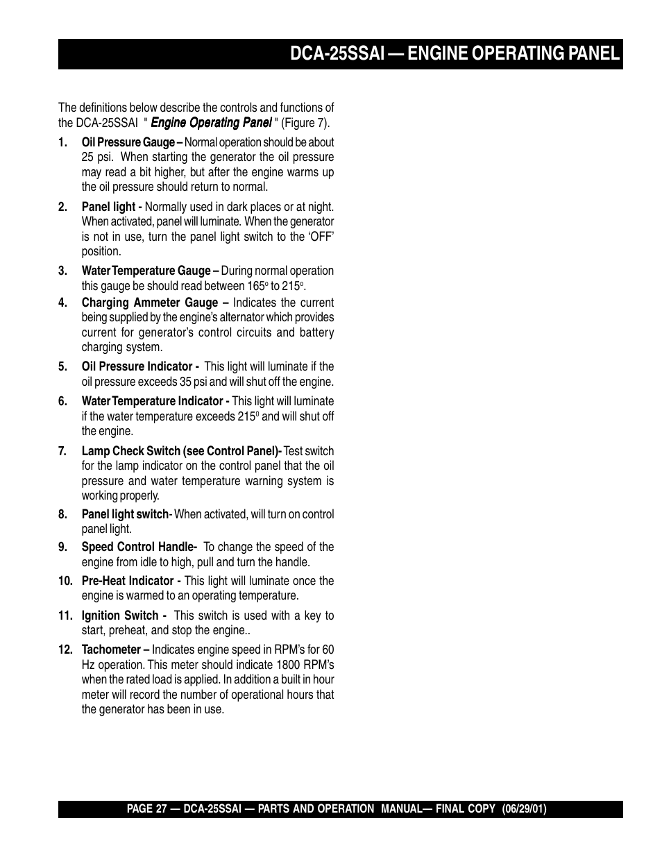 Dca-25ssai — engine operating panel | Multiquip DCA25SSAI User Manual | Page 27 / 142