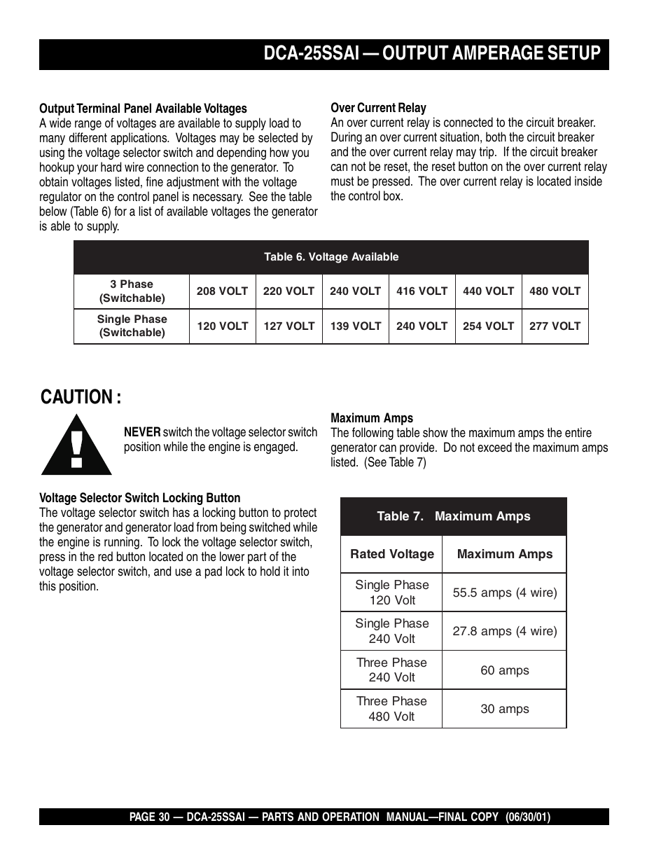 Caution, Dca-25ssai — output amperage setup | Multiquip DCA25SSAI User Manual | Page 30 / 142