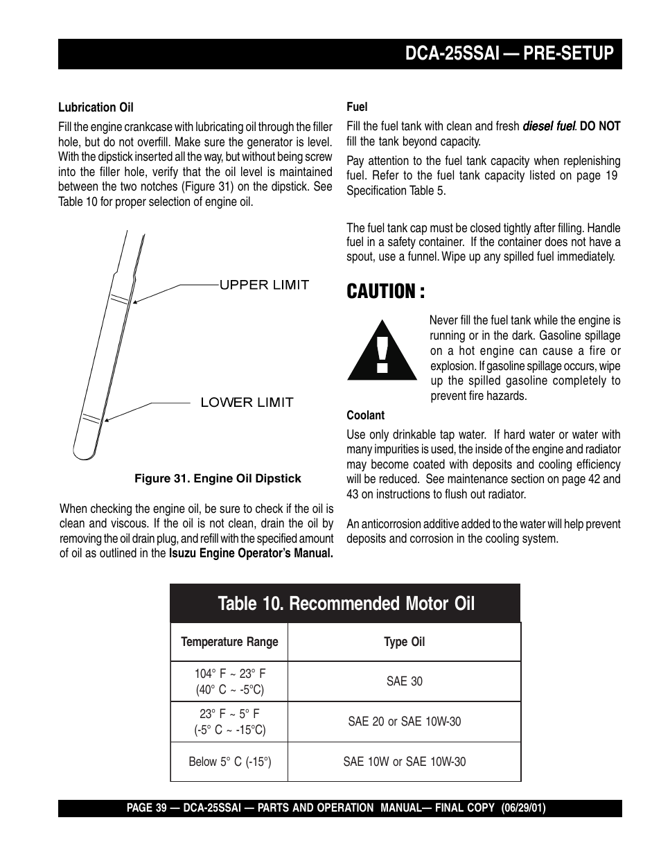 Dca-25ssai — pre-setup, Caution | Multiquip DCA25SSAI User Manual | Page 39 / 142