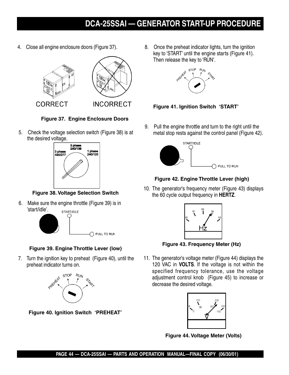 Dca-25ssai — generator start-up procedure | Multiquip DCA25SSAI User Manual | Page 44 / 142