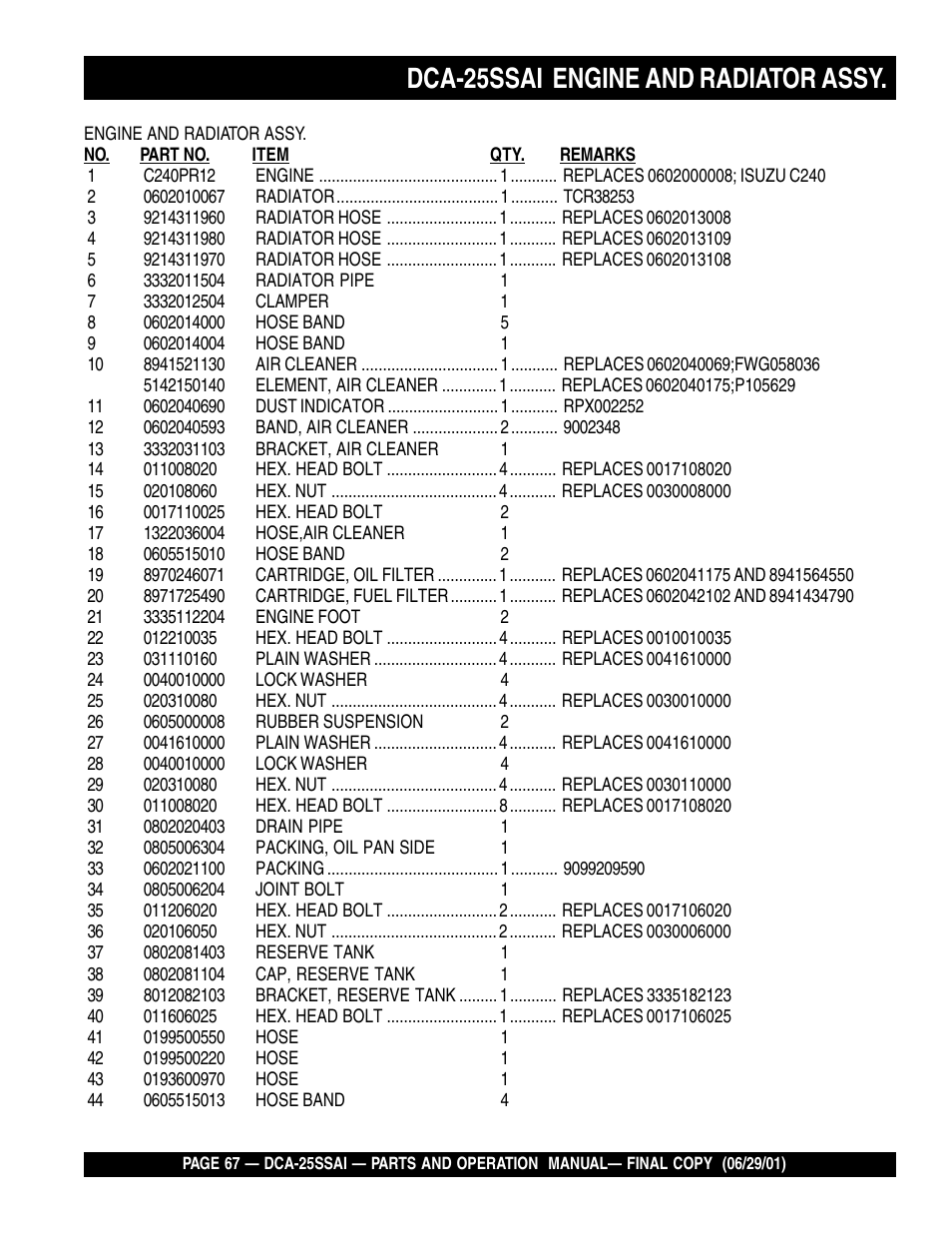 Dca-25ssai engine and radiator assy | Multiquip DCA25SSAI User Manual | Page 67 / 142