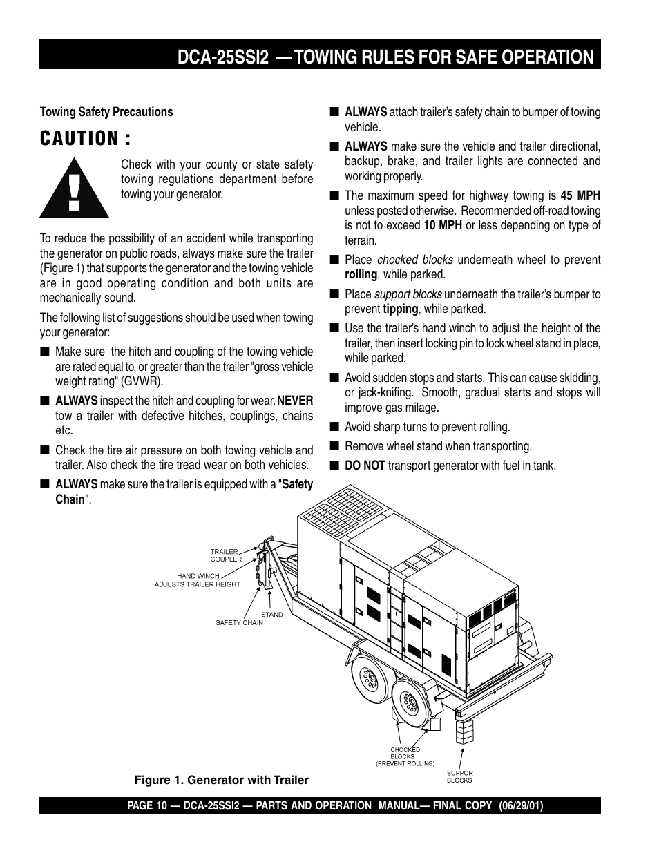 Caution, Dca-25ssi2 — towing rules for safe operation | Multiquip DCA25SSI2 User Manual | Page 10 / 140