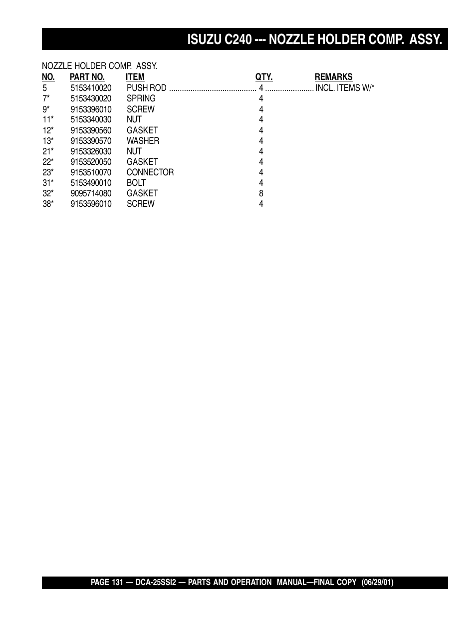 Isuzu c240 --- nozzle holder comp. assy | Multiquip DCA25SSI2 User Manual | Page 131 / 140