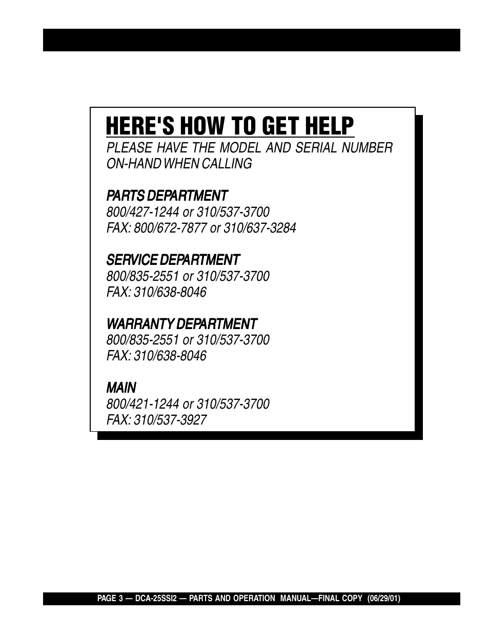 Here's how to get help | Multiquip DCA25SSI2 User Manual | Page 3 / 140
