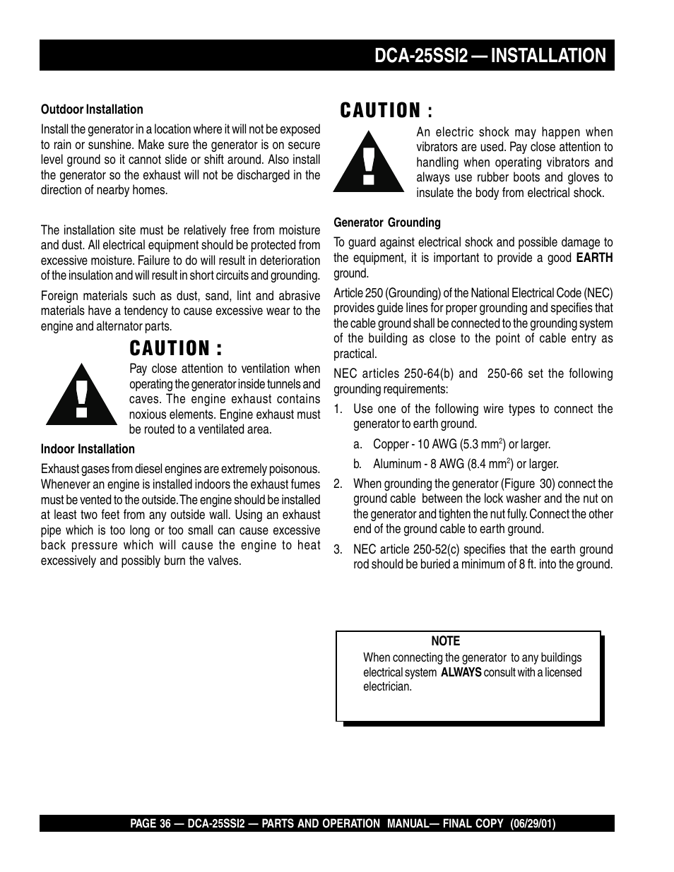 Caution, Dca-25ssi2 — installation | Multiquip DCA25SSI2 User Manual | Page 36 / 140