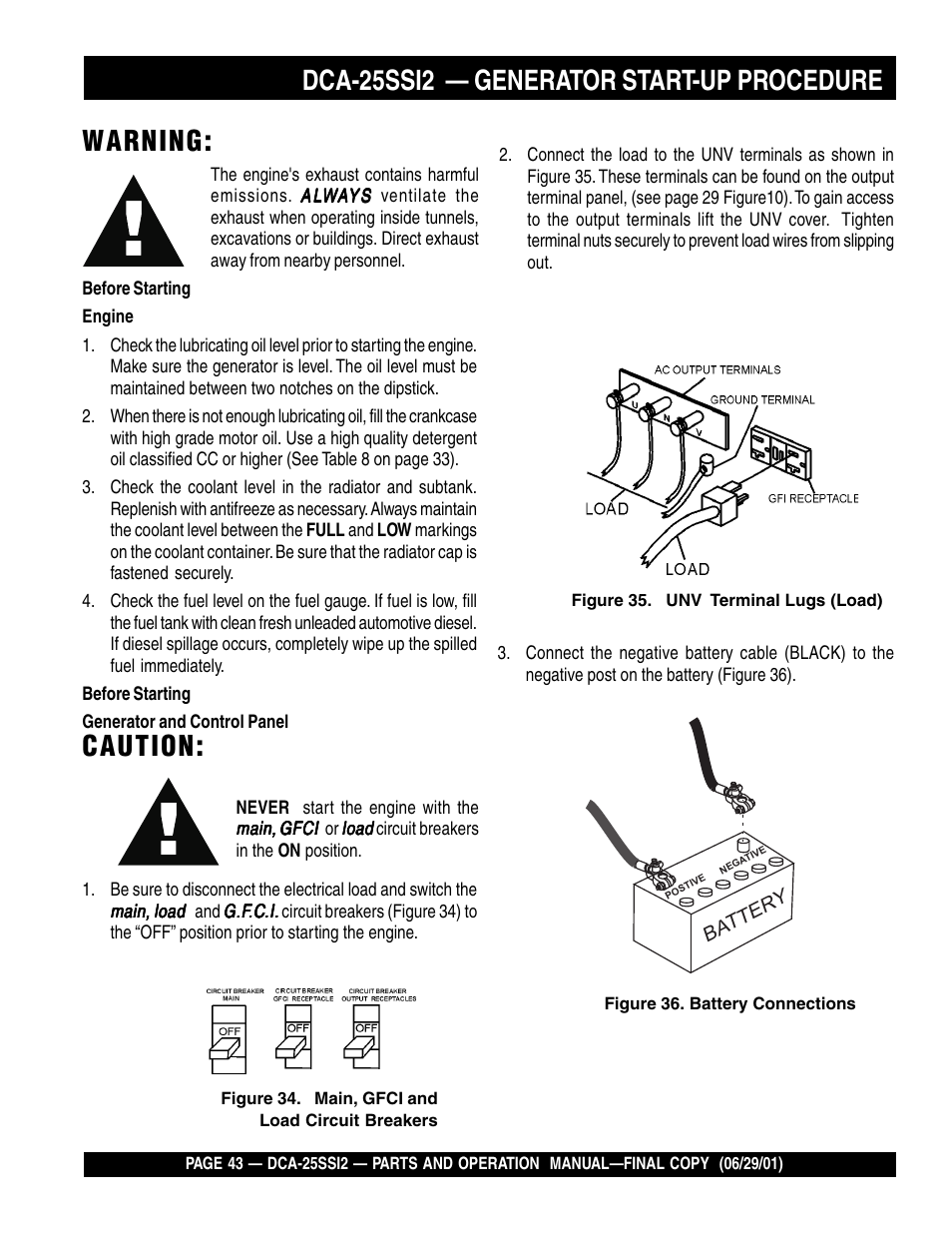 Warning, Caution, Dca-25ssi2 — generator start-up procedure | Multiquip DCA25SSI2 User Manual | Page 43 / 140