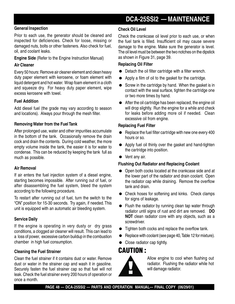 Dca-25ssi2 — maintenance, Caution | Multiquip DCA25SSI2 User Manual | Page 48 / 140