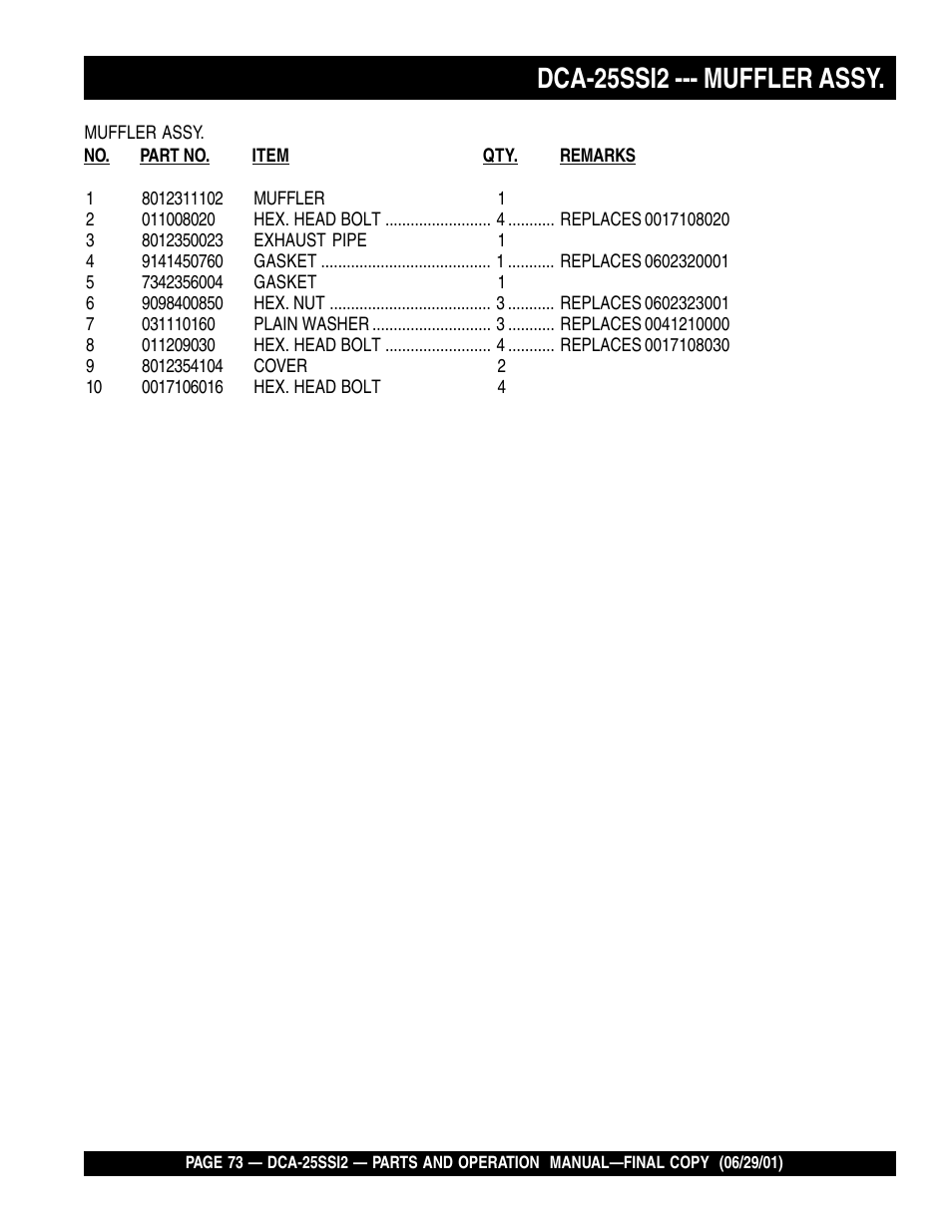 Dca-25ssi2 --- muffler assy | Multiquip DCA25SSI2 User Manual | Page 73 / 140