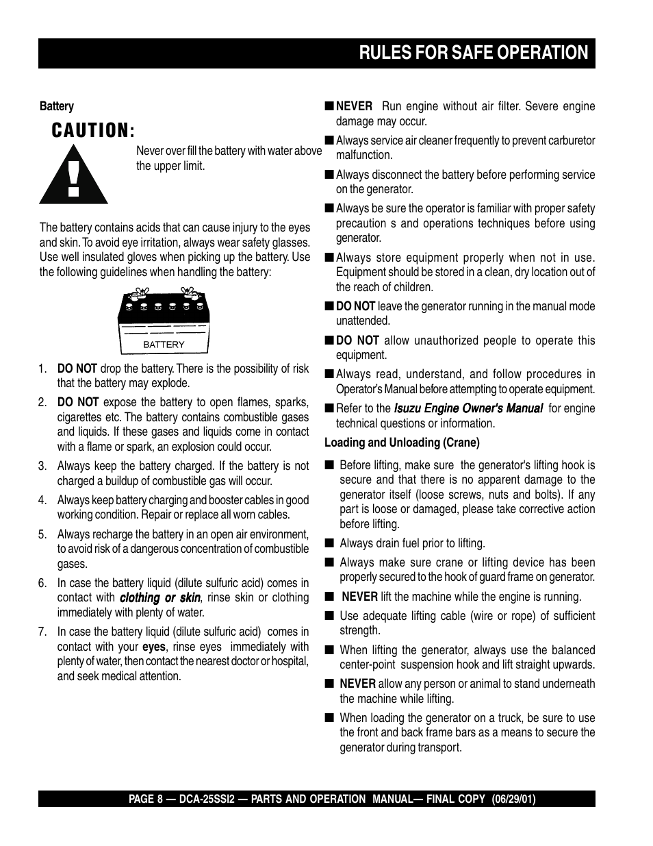Rules for safe operation, Caution | Multiquip DCA25SSI2 User Manual | Page 8 / 140