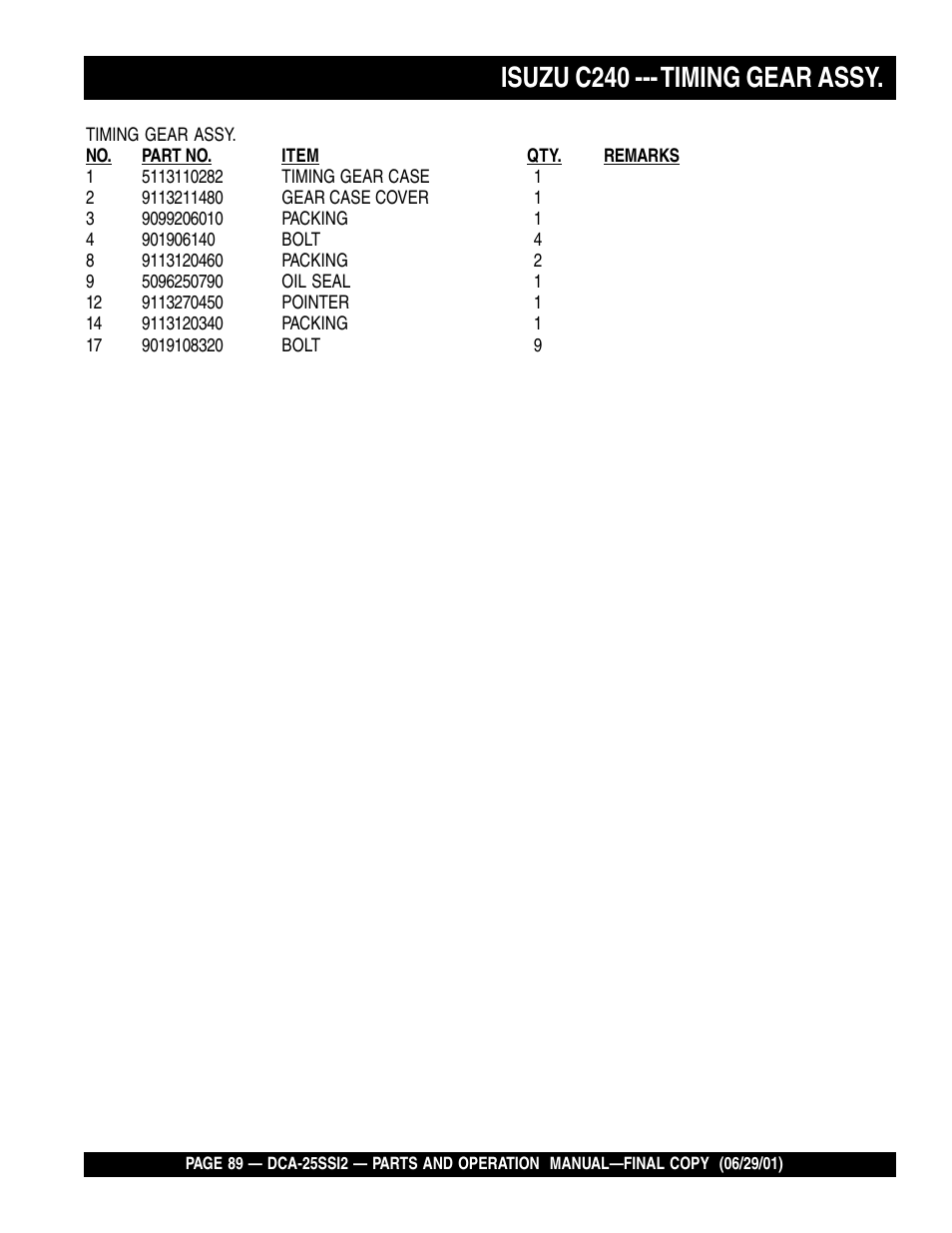 Isuzu c240 --- timing gear assy | Multiquip DCA25SSI2 User Manual | Page 89 / 140