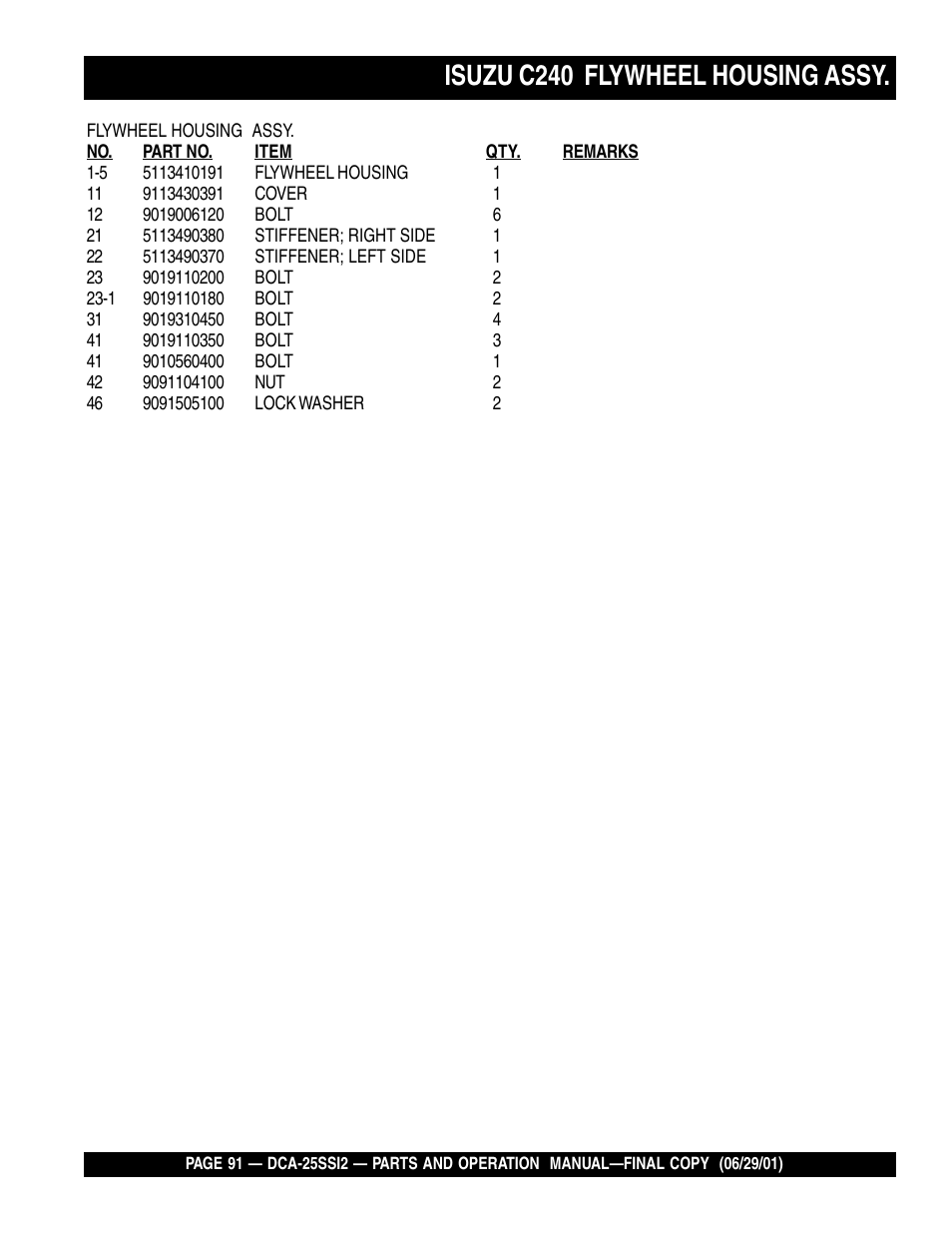 Isuzu c240 flywheel housing assy | Multiquip DCA25SSI2 User Manual | Page 91 / 140
