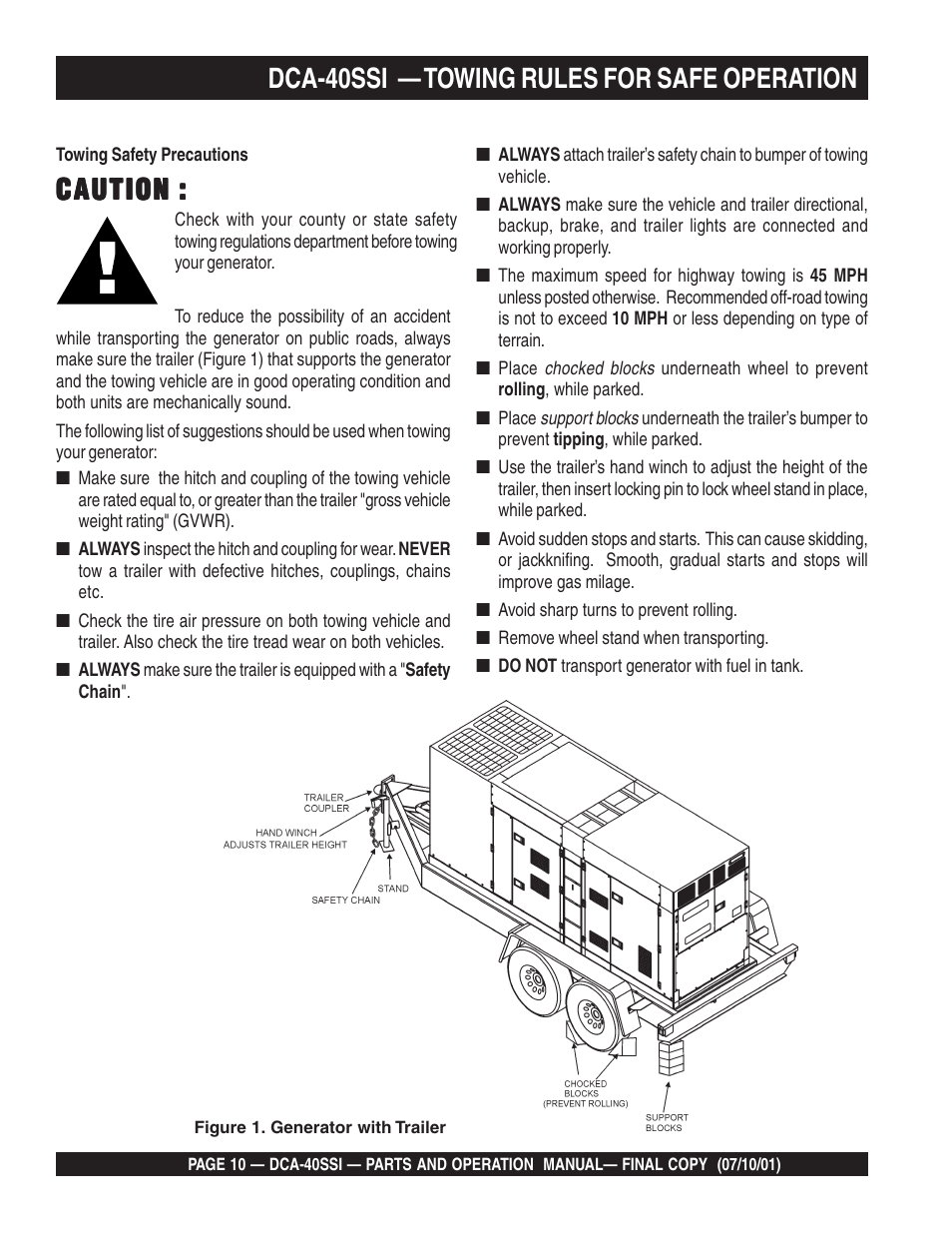 Caution, Dca-40ssi — towing rules for safe operation | Multiquip DCA40SSI User Manual | Page 10 / 140
