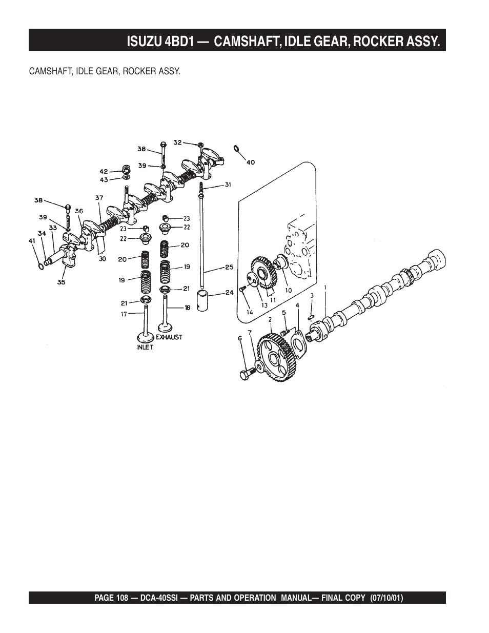 Isuzu 4bd1 — camshaft, idle gear, rocker assy | Multiquip DCA40SSI User Manual | Page 108 / 140