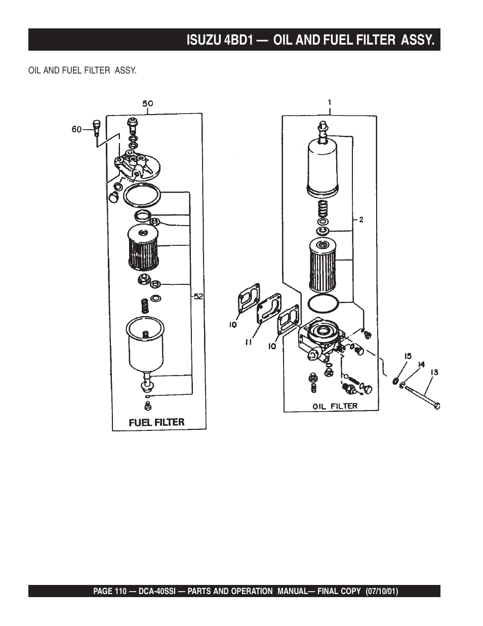 Isuzu 4bd1 — oil and fuel filter assy | Multiquip DCA40SSI User Manual | Page 110 / 140