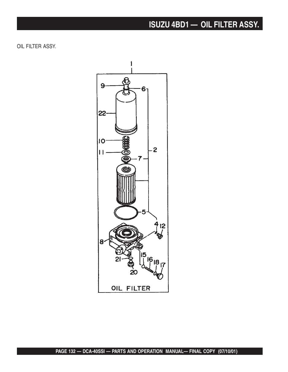 Isuzu 4bd1 — oil filter assy | Multiquip DCA40SSI User Manual | Page 132 / 140