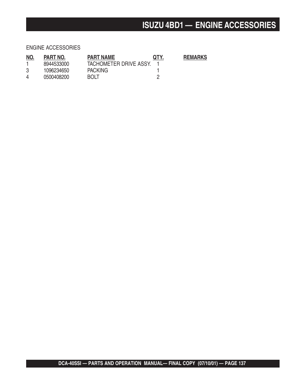 Isuzu 4bd1 — engine accessories | Multiquip DCA40SSI User Manual | Page 137 / 140