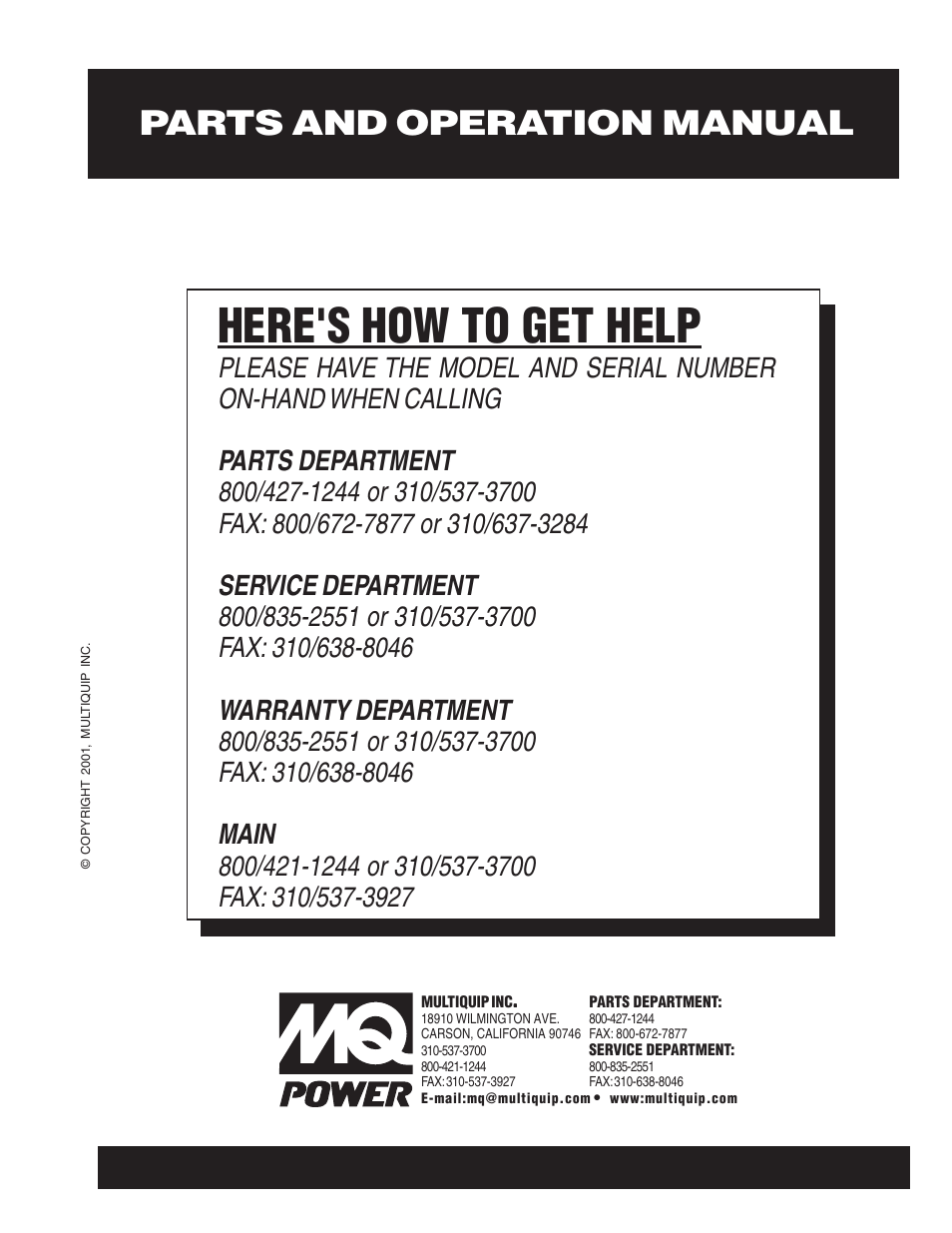 Here's how to get help, Parts and operation manual | Multiquip DCA40SSI User Manual | Page 140 / 140