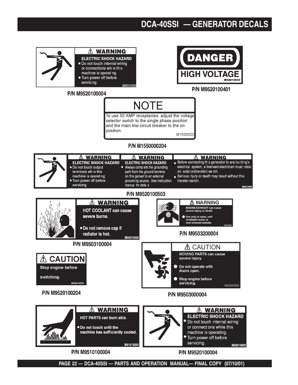 Dca-40ssi — generator decals | Multiquip DCA40SSI User Manual | Page 22 / 140