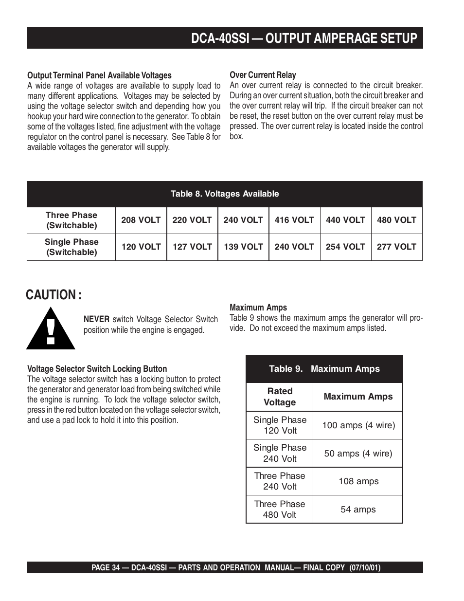 Caution, Dca-40ssi — output amperage setup | Multiquip DCA40SSI User Manual | Page 34 / 140