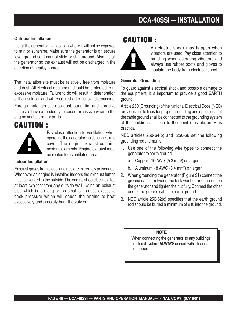 Caution, Caution caution, Dca-40ssi — installation | Multiquip DCA40SSI User Manual | Page 40 / 140