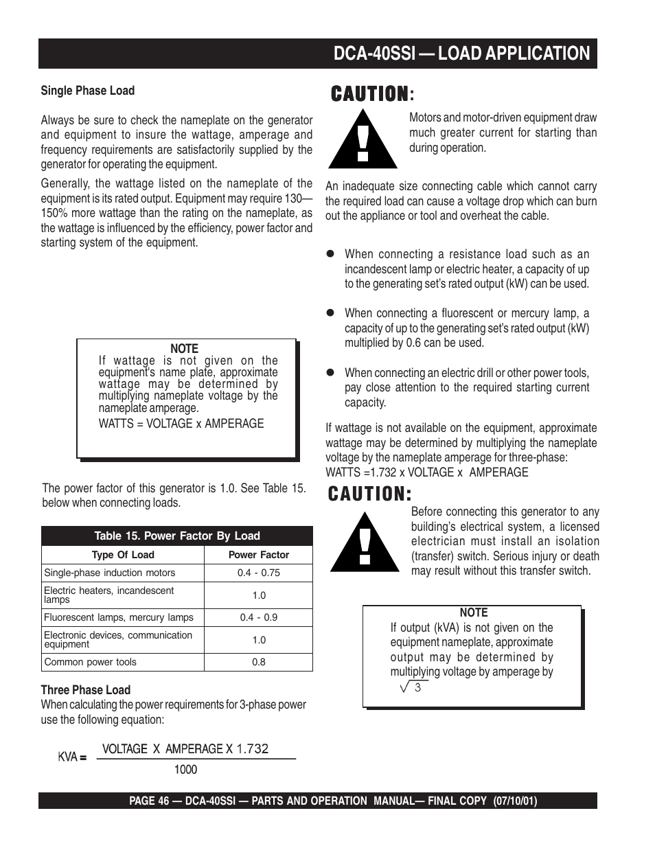 Dca-40ssi — load application, Caution, Caution caution | Multiquip DCA40SSI User Manual | Page 46 / 140