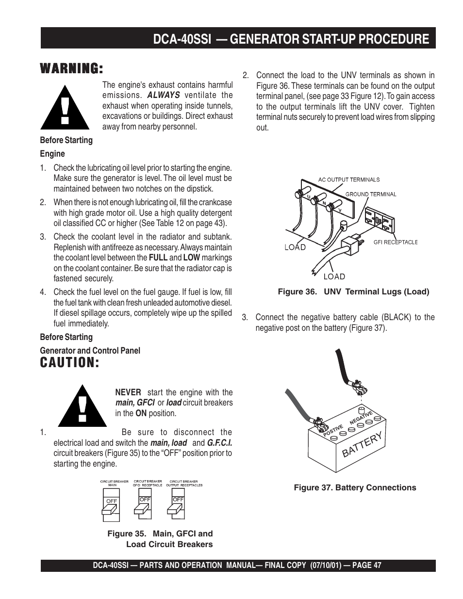 Warning, Caution, Dca-40ssi — generator start-up procedure | Multiquip DCA40SSI User Manual | Page 47 / 140