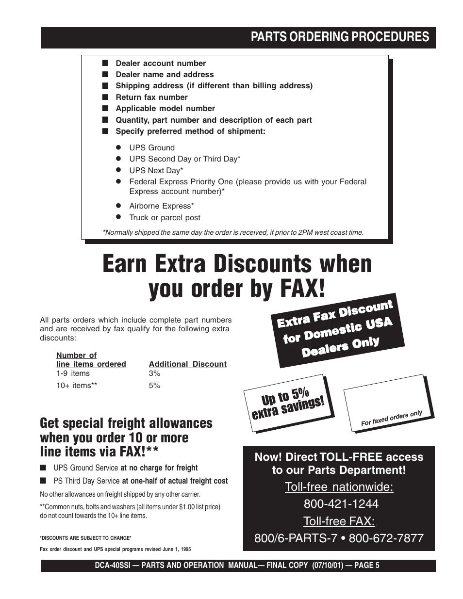 Earn extra discounts when you order by fax, Ups special | Multiquip DCA40SSI User Manual | Page 5 / 140