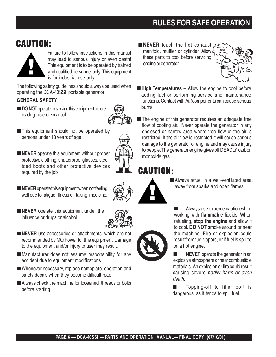 Rules for safe operation, Caution, Caution caution | Multiquip DCA40SSI User Manual | Page 6 / 140