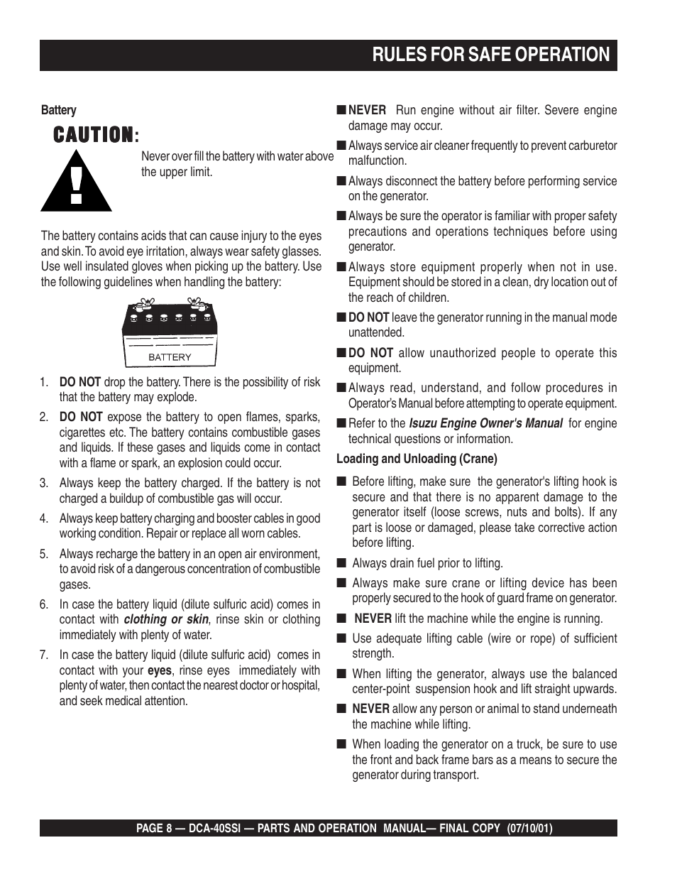 Rules for safe operation, Caution, Caution caution | Multiquip DCA40SSI User Manual | Page 8 / 140