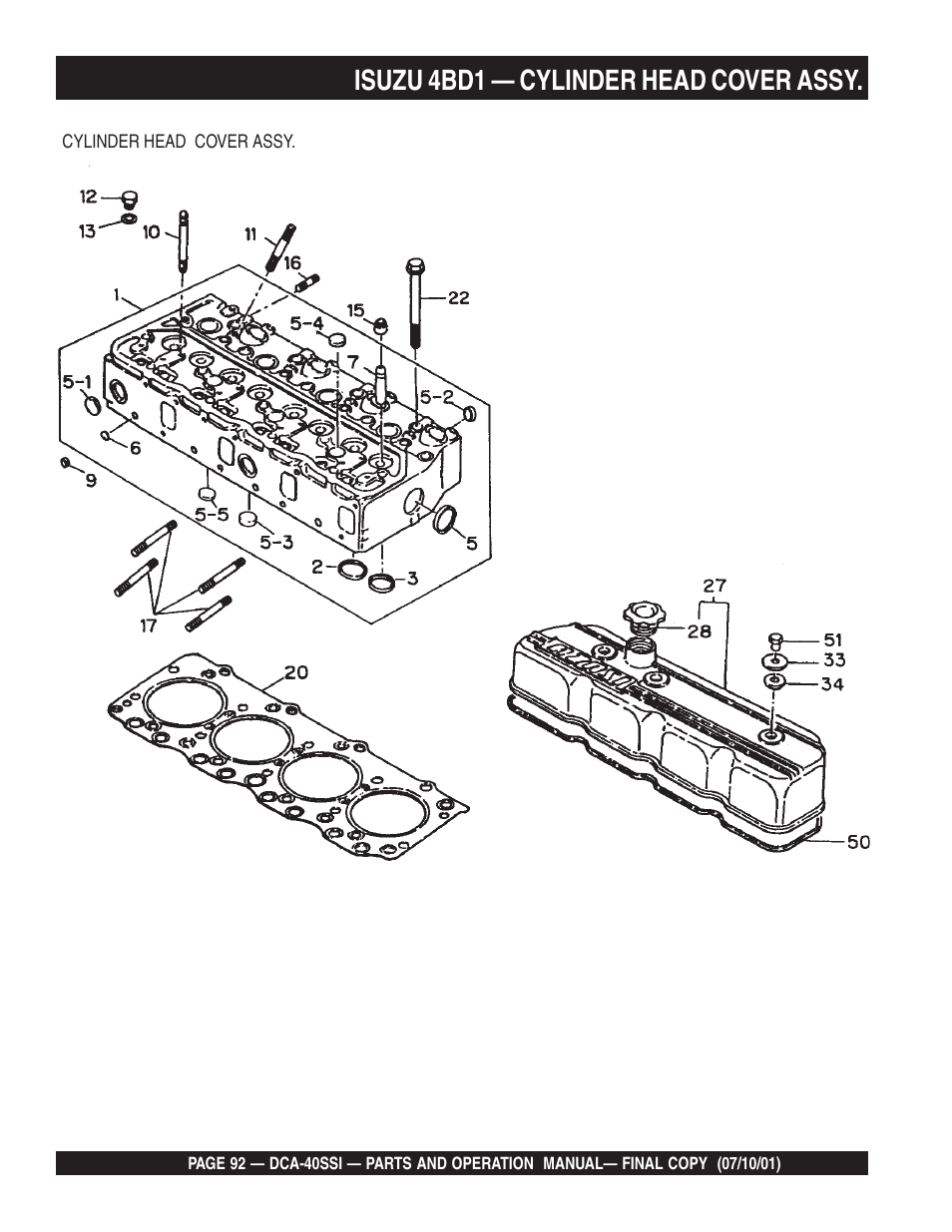 Isuzu 4bd1 — cylinder head cover assy | Multiquip DCA40SSI User Manual | Page 92 / 140