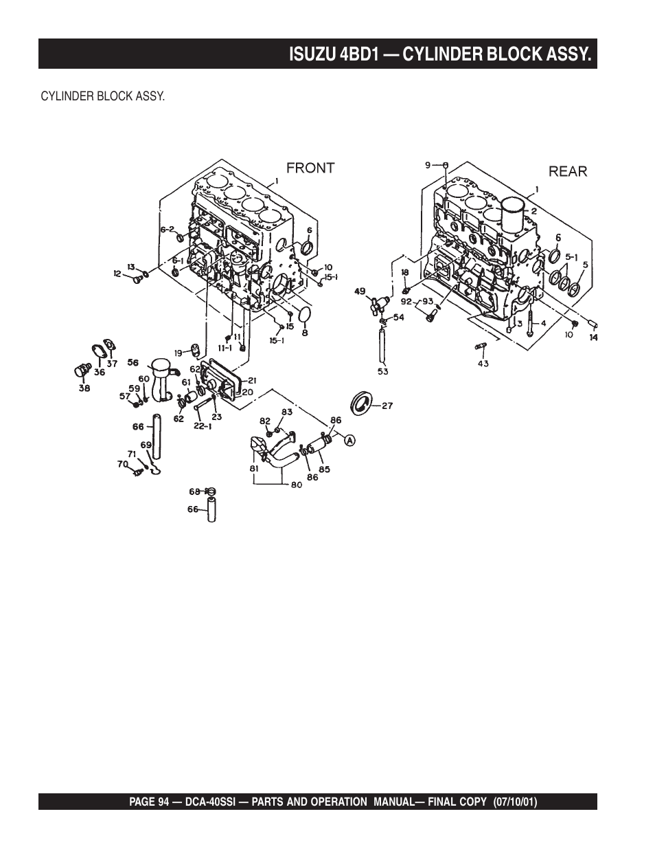 Isuzu 4bd1 — cylinder block assy | Multiquip DCA40SSI User Manual | Page 94 / 140