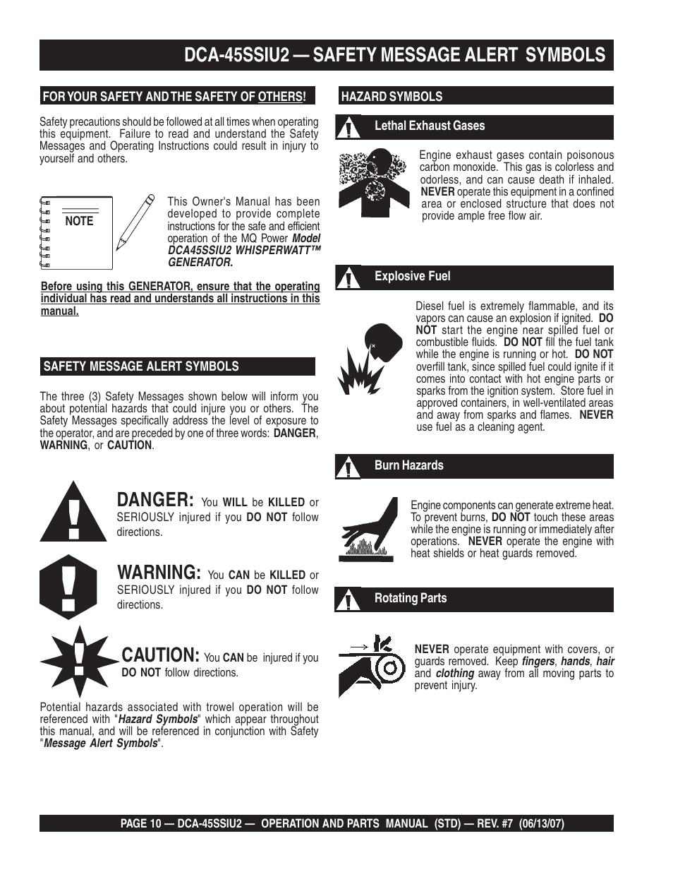Dca-45ssiu2 — safety message alert symbols, Danger, Warning | Caution | Multiquip DCA45SSIU2 User Manual | Page 10 / 160