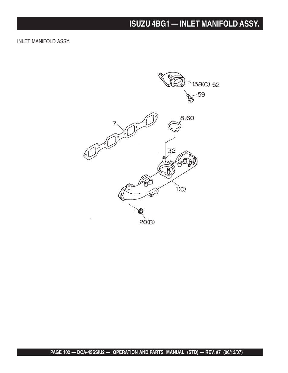 Isuzu 4bg1 — inlet manifold assy | Multiquip DCA45SSIU2 User Manual | Page 102 / 160