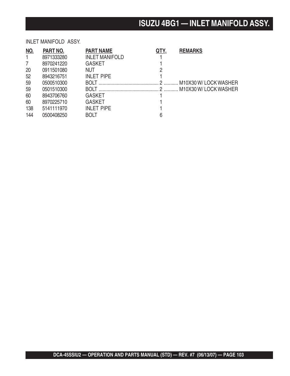 Isuzu 4bg1 — inlet manifold assy | Multiquip DCA45SSIU2 User Manual | Page 103 / 160